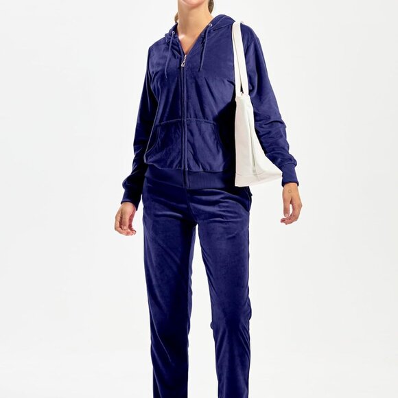 Versatile Women's Navy Velvet Tracksuit Set - Full Zip-Up Hoodie & Sweatpants - Picture 5 of 7